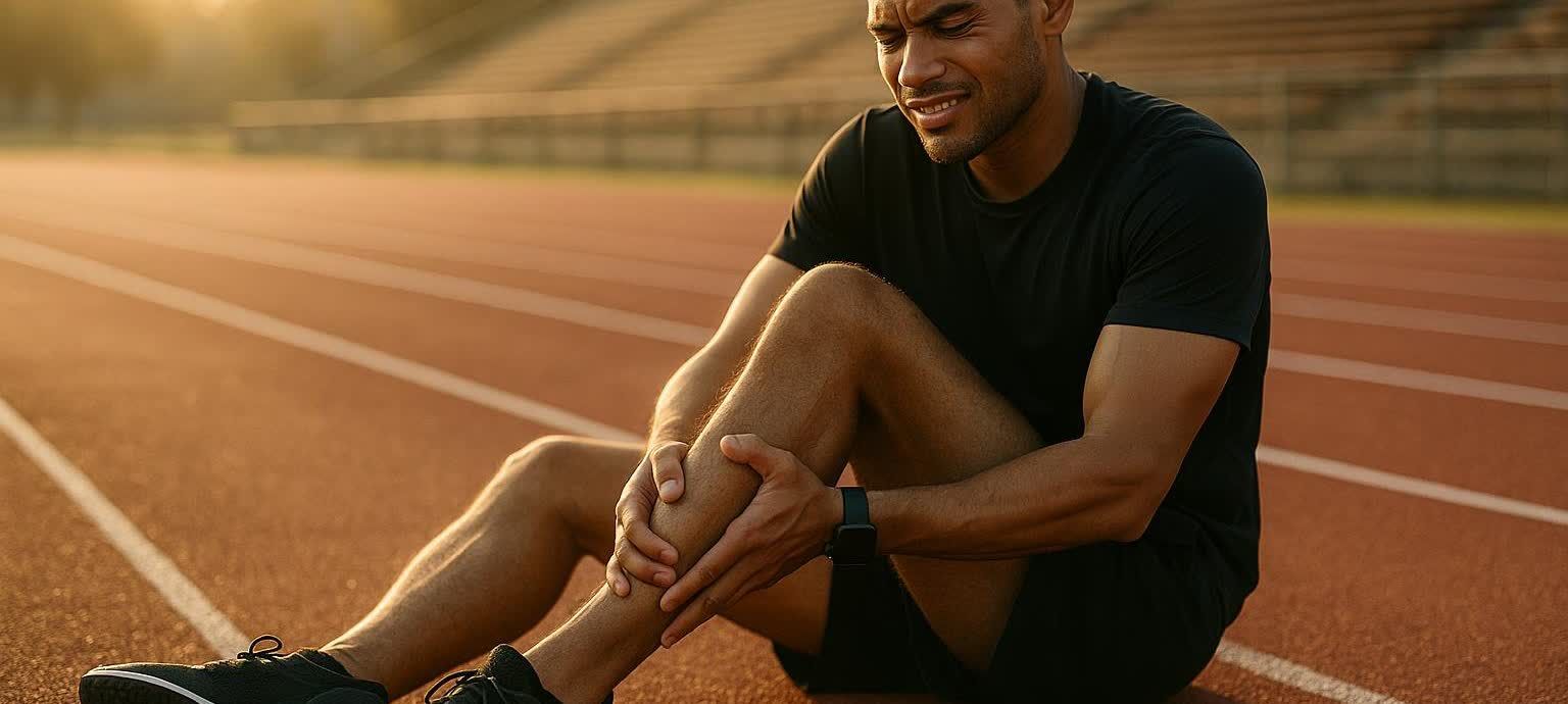 A male runner in a black t-shirt and shorts sits on a track, grimacing in pain while holding his left shin, suggesting a lower leg injury like shin splints.