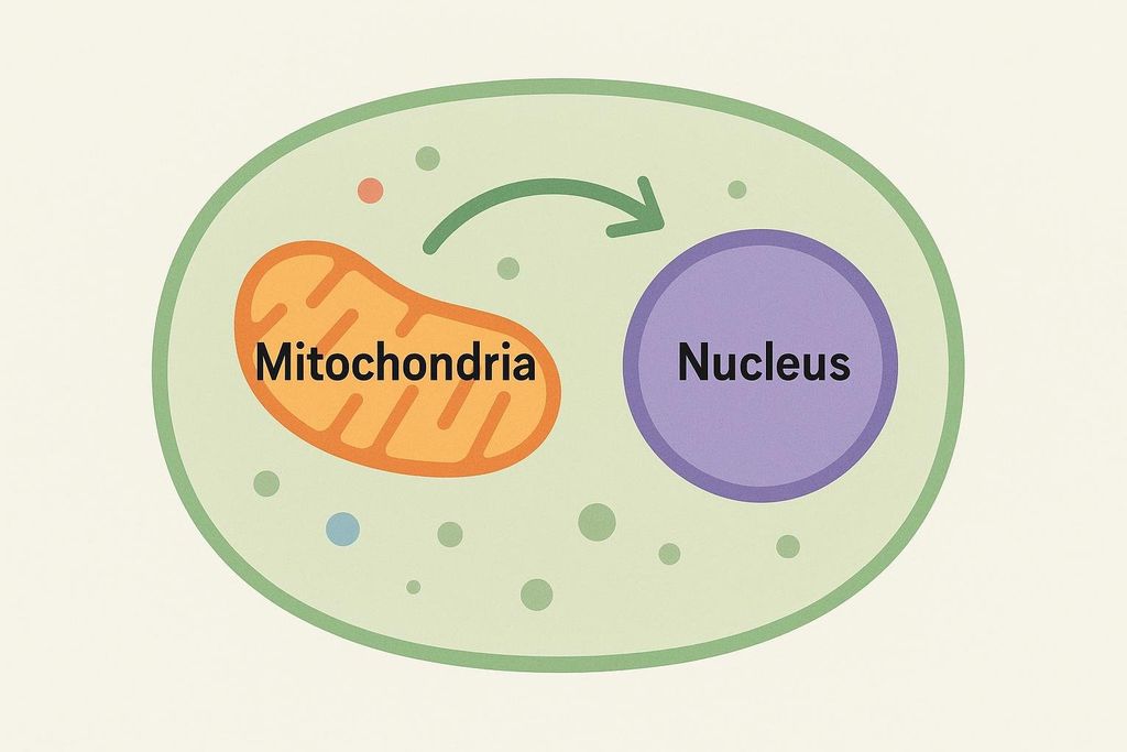 A simple diagram of a cell showing the mitochondria and nucleus. A green arrow indicates a pathway from the mitochondria to the nucleus.