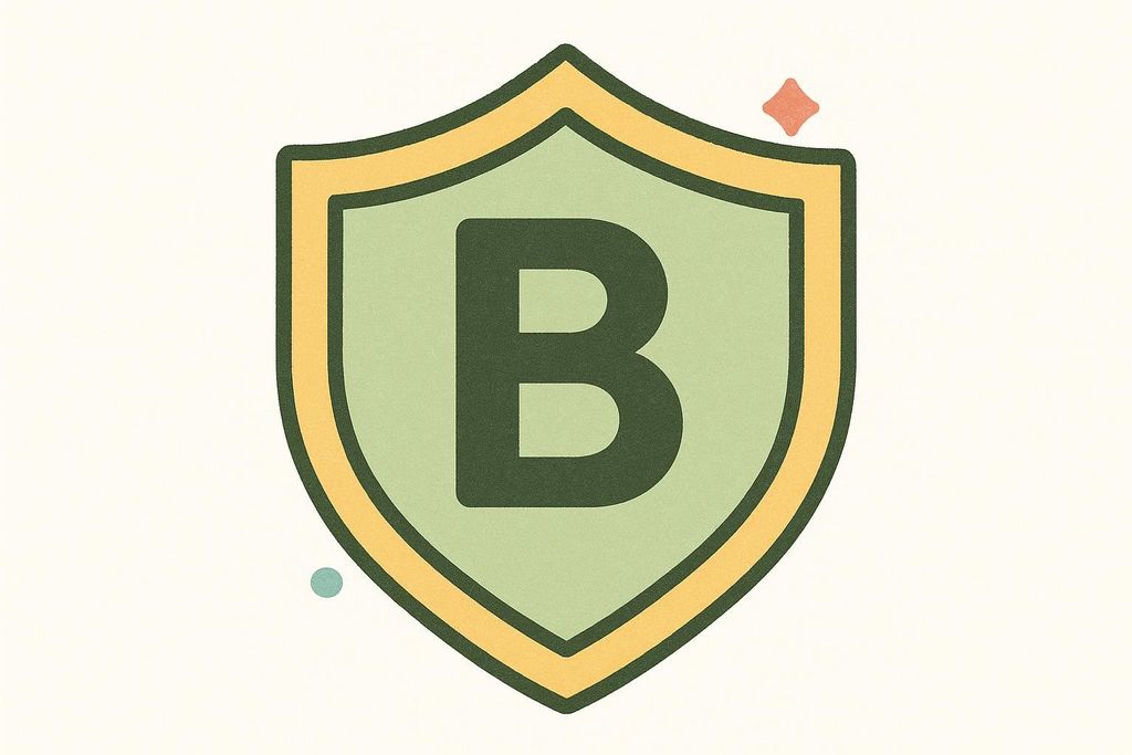 A shield icon with a green interior and gold border, featuring a large, dark green letter 'B' in the center. A small orange star shape is at the top right, and a small blue circle is at the bottom left. This represents a Grade B recommendation from the USPSTF for bone density screening.