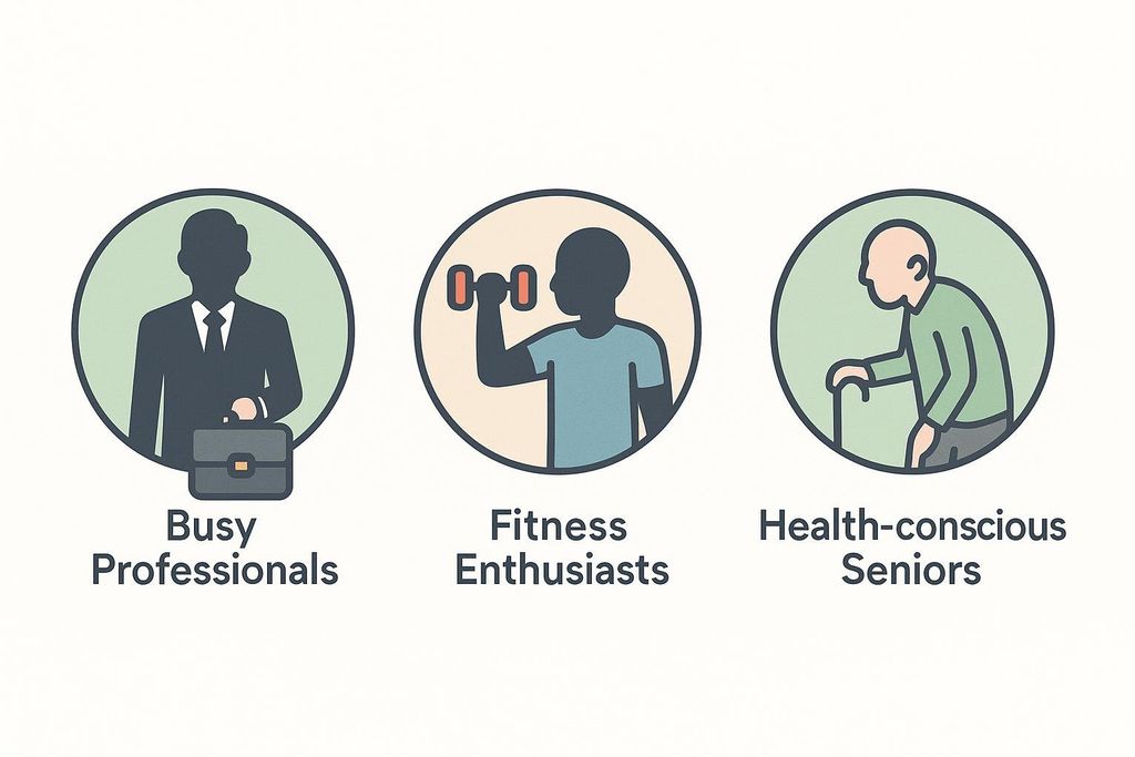 Illustration of three lifestyle icons labeled Busy Professionals, Fitness Enthusiasts, and Health-conscious Seniors.