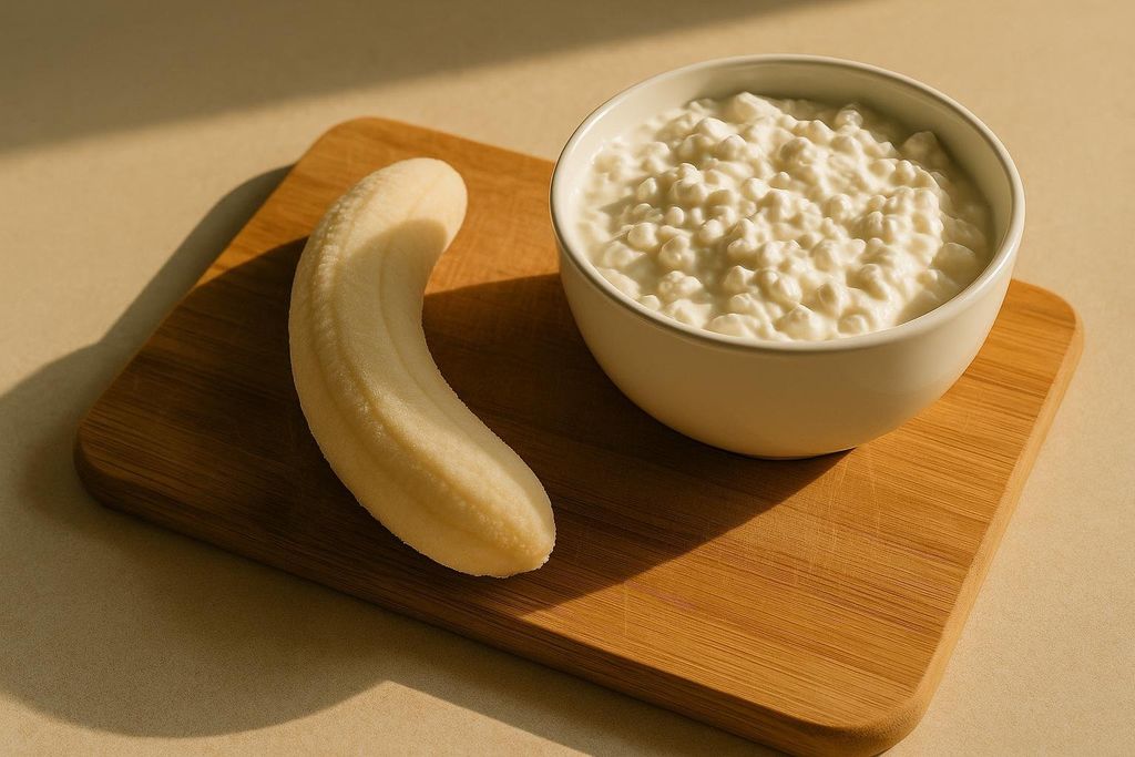 A peeled banana and a bowl of cottage cheese are presented on a warm-toned wooden cutting board, illuminated by natural light casting soft shadows.