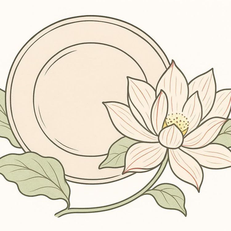 An illustration featuring a light beige ceramic plate, outlined in black, with a lotus flower with pale pink petals and green leaves growing around it. The background is plain white.