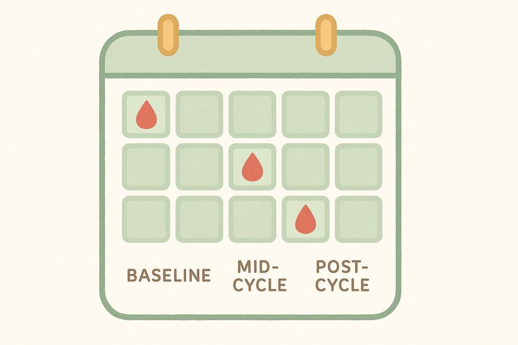 Illustration of a calendar highlighting key lab monitoring points for enclomiphene users: baseline, mid-cycle, and post-cycle, each marked with a red drop.