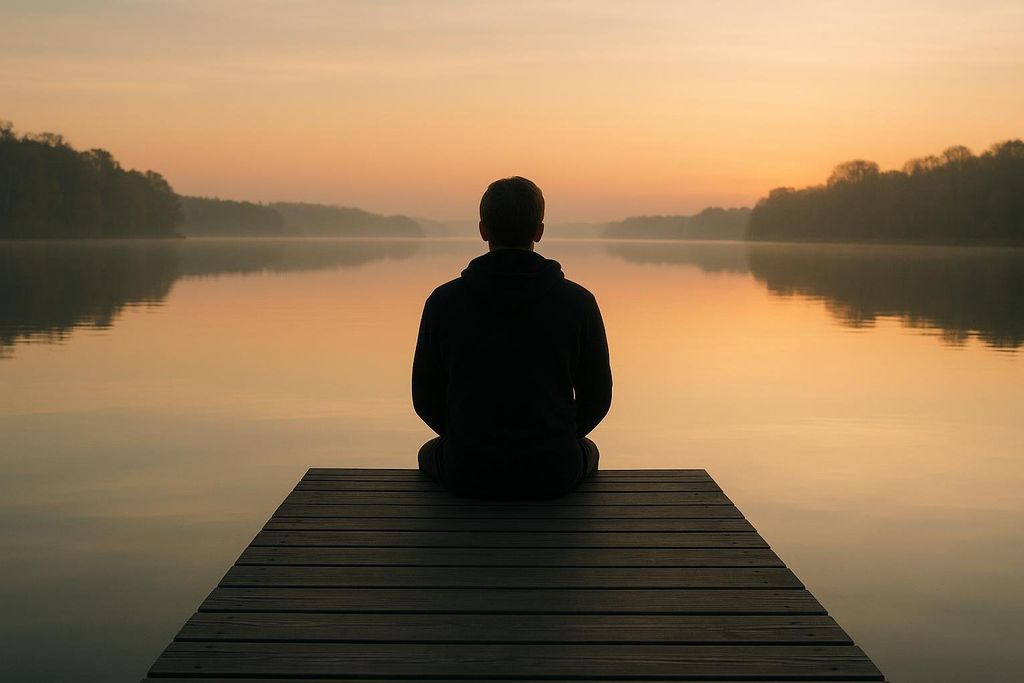 A person sits on a wooden dock facing a still lake during an orange and pink sunrise. The surrounding landscape with trees is reflected perfectly in the water.