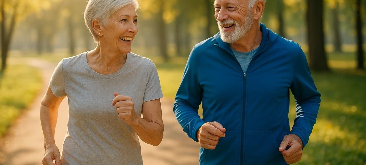 An active and smiling older couple jogging outdoors in a park during the morning sunlight, highlighting their healthy and joyful lifestyle.