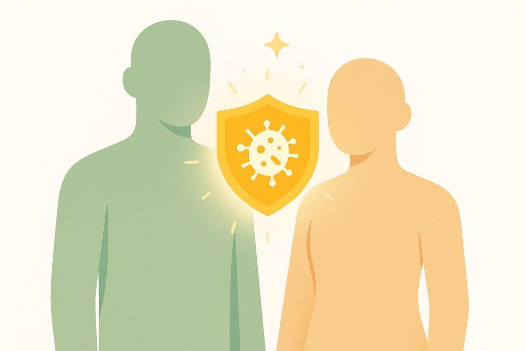 An illustration showing two human silhouettes, one green and one orange, with a glowing golden shield between them. The shield has a white virus icon, symbolizing protection against illness or infection.