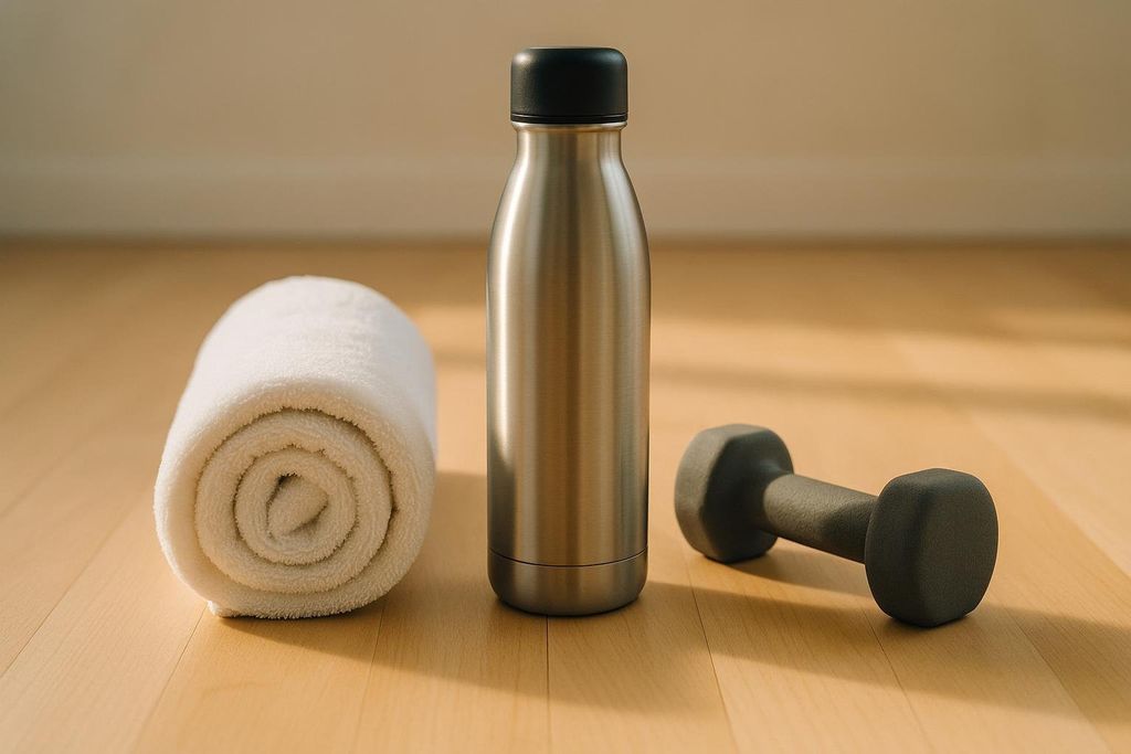 A rolled-up white gym towel, a stainless steel water bottle, and a grey dumbbell are arranged on a light wooden floor, suggesting a workout setup.
