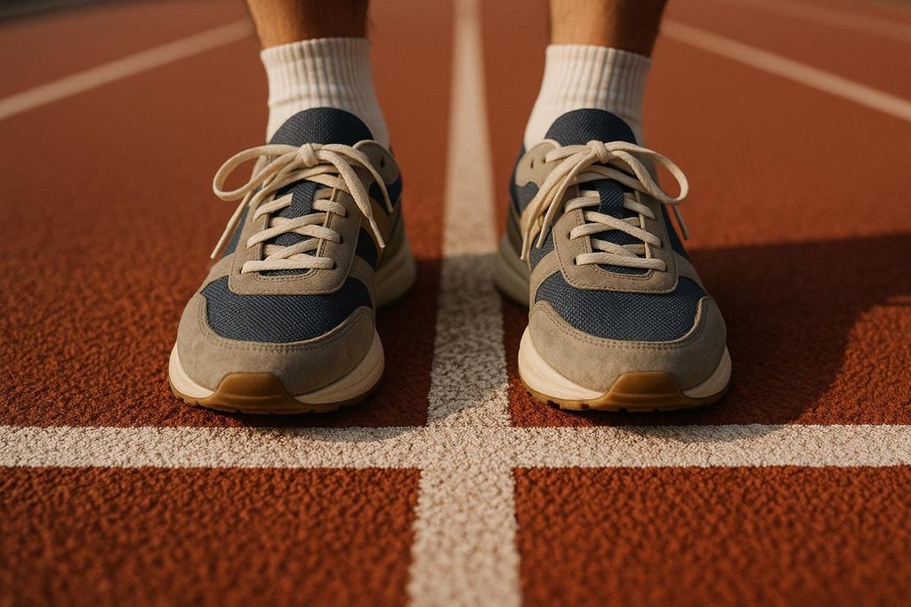 A close-up view of a person's feet in blue and tan running shoes, positioned precisely at the white starting line on a reddish-brown athletic track, symbolizing readiness to begin.