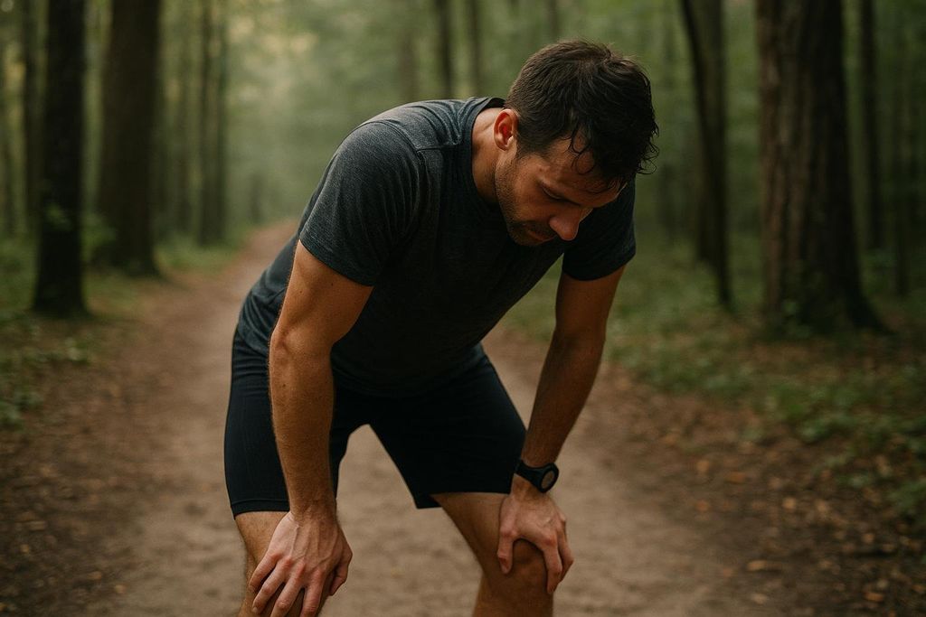 An exhausted male athlete wearing a dark t-shirt and shorts, leaning forward with his hands on his knees, catching his breath on a dirt trail in a forest.