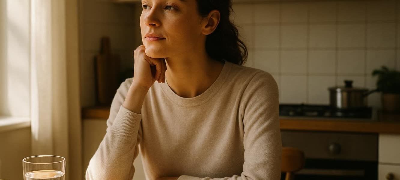 A woman with her hand resting on her chin sits thoughtfully at a kitchen table, looking off to the side with soft, natural light illuminating her face.