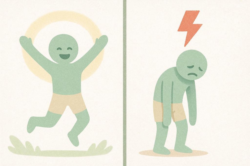 An illustration contrasting an energetic, rested figure in light green with arms raised and a wide smile, with a burnt-out, sad figure in dark green, hunched over with a red lightning bolt above its head, highlighting the mistake of overtraining or lack of rest.