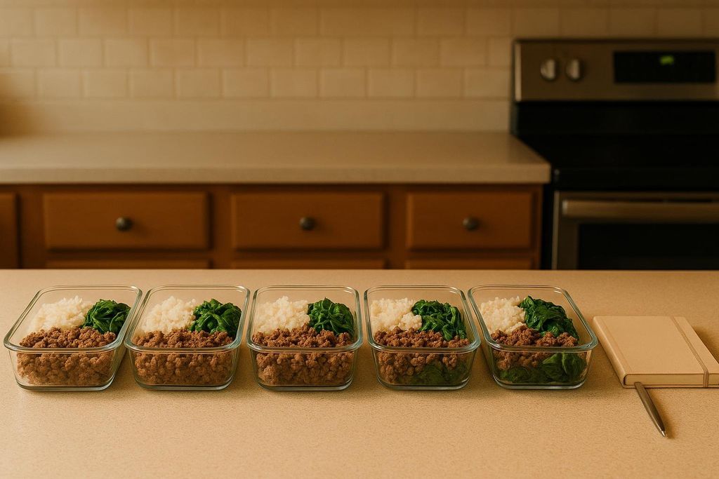 Five glass meal prep containers filled with rice, ground beef, and spinach are neatly arranged on a kitchen counter. A small notebook and pen sit next to the containers on the right.
