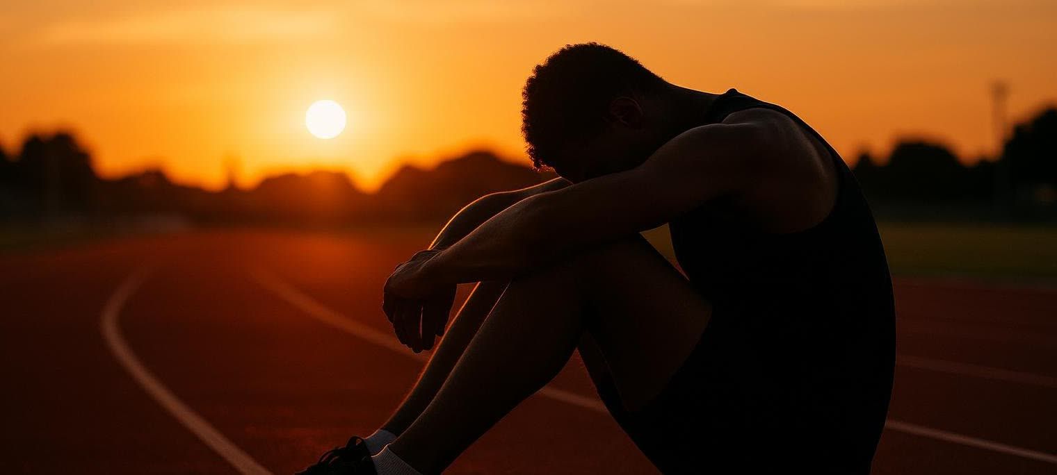 A silhouette of an exhausted runner sitting on a track with their head on their knees, illuminated by the bright orange sunset in the background.