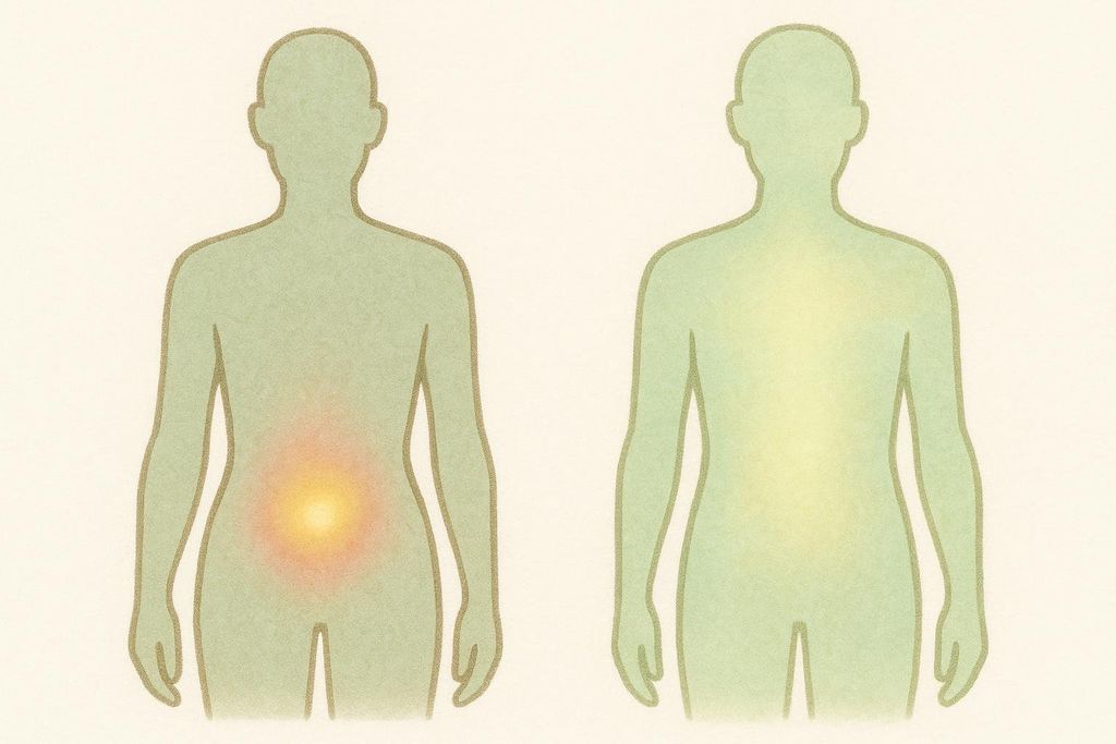 An illustration showing a 'local effect' of a hormonal IUD, represented by a concentrated glow in the pelvic area, versus a 'systemic effect' of other methods, shown as a faint glow throughout the body.