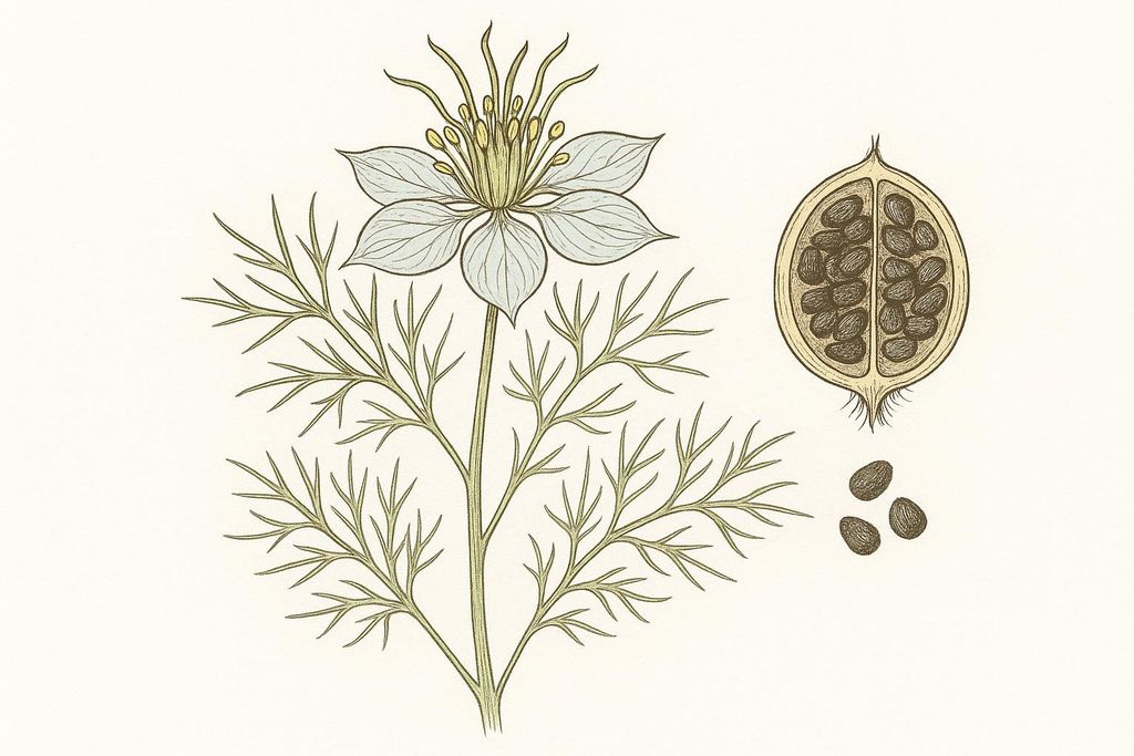 A detailed botanical illustration shows the Nigella sativa plant with its delicate light blue flower, feathery green leaves, and a cross-section of its seed pod revealing the dark seeds, with additional loose seeds below it.