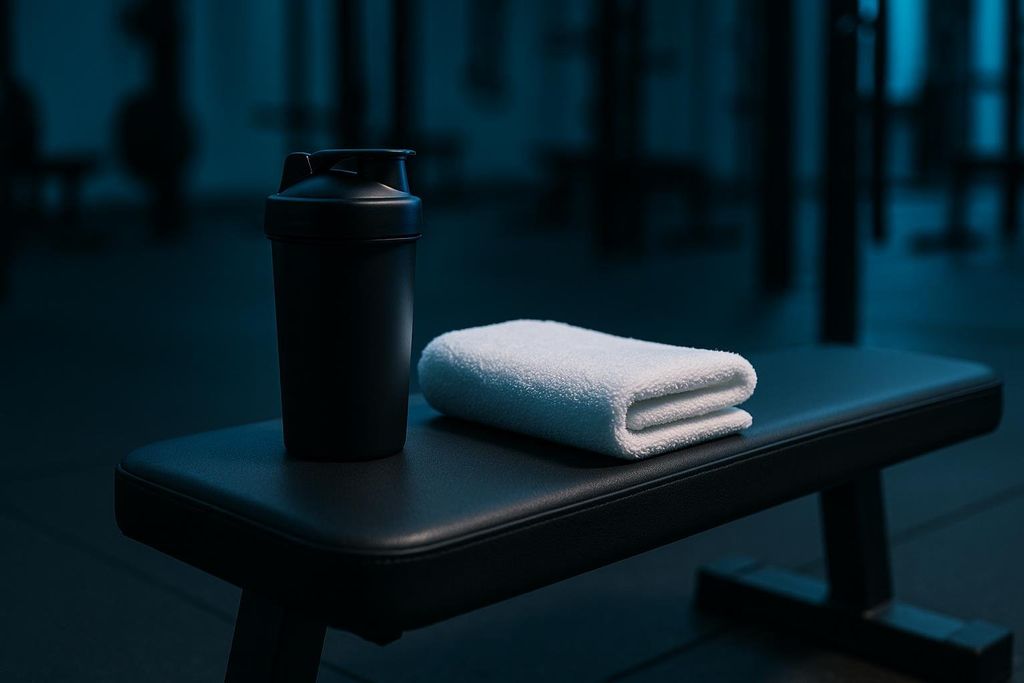 A black protein shaker bottle and a neatly folded white gym towel rest on a black workout bench in a dimly lit gym.