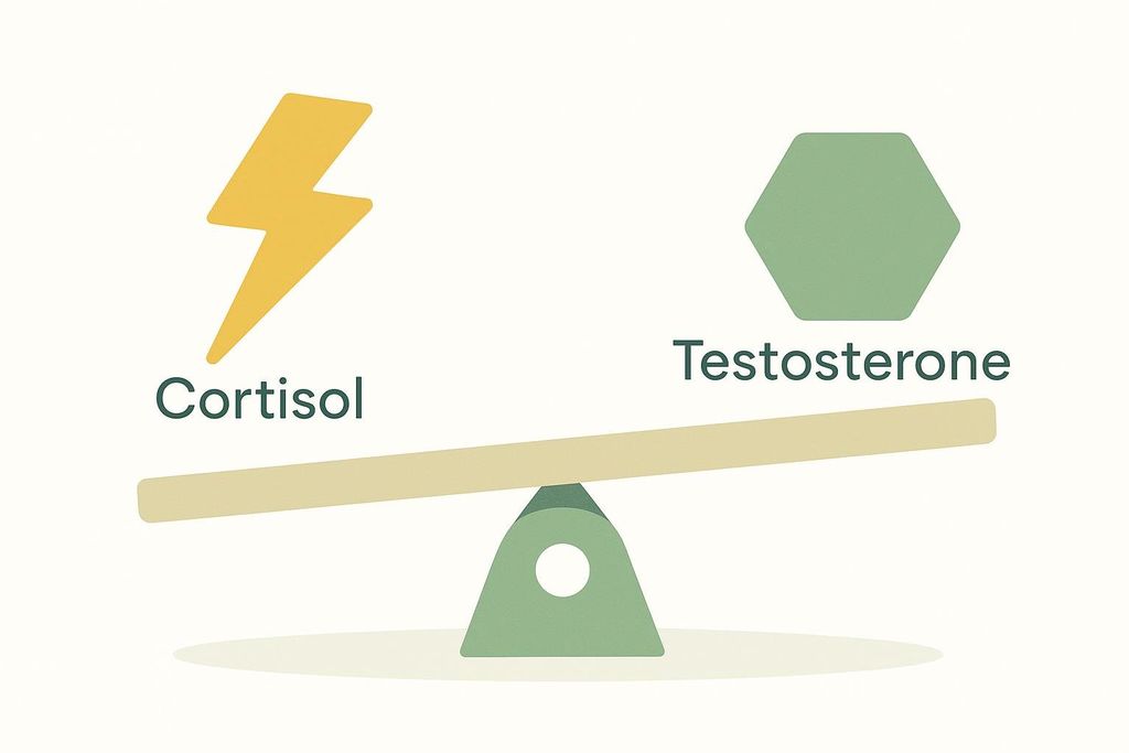 An illustration of a balance scale. On the left, it shows a yellow lightning bolt representing Cortisol, tilting the scale down. On the right, a green hexagon representing Testosterone is lifted up, indicating that high cortisol lowers testosterone.