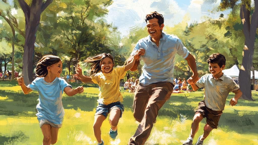 A father runs and smiles with his two daughters and son in a park, with people sitting on a lawn in the background.