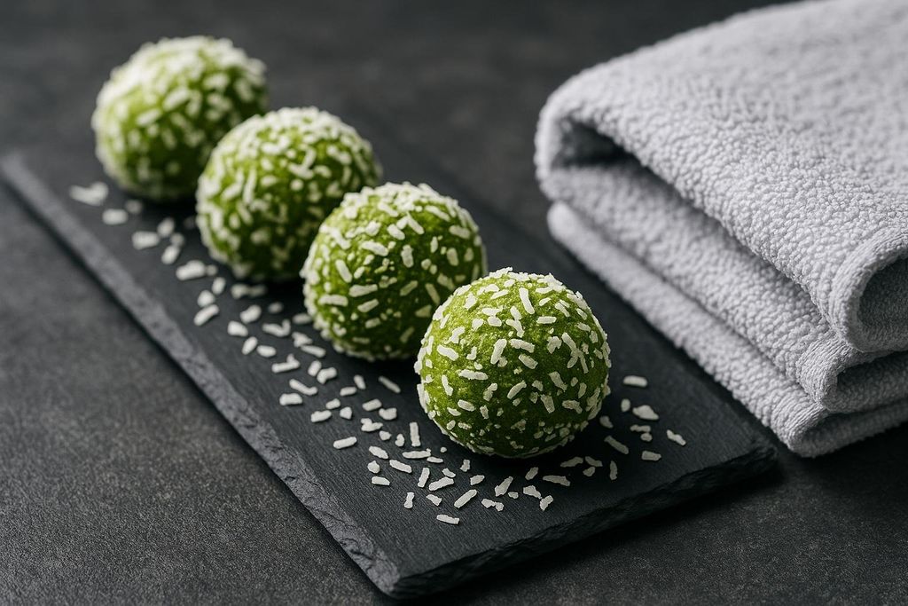 Four vibrant green matcha protein balls coated in white coconut flakes are arranged in a line on a dark rectangular slate board. A folded grey towel is visible to the right of the protein balls, set against a dark textured background.