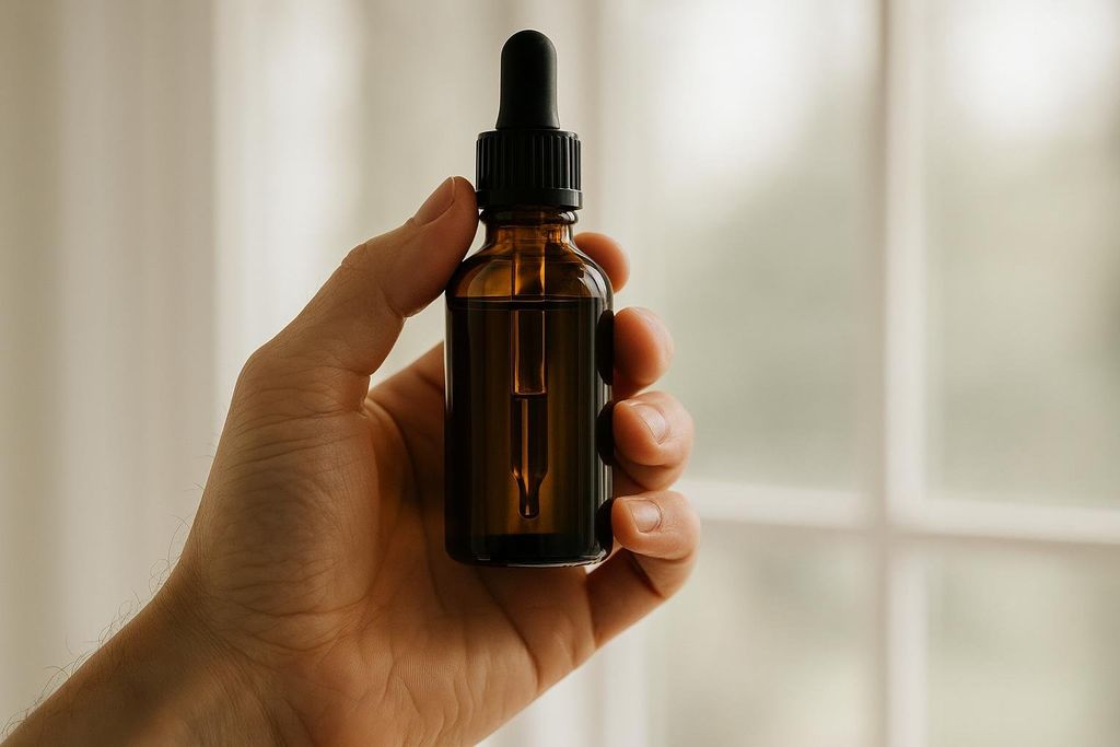 A person's hand holds up an amber dropper bottle against a softly lit, blurred background, possibly inspecting its contents.