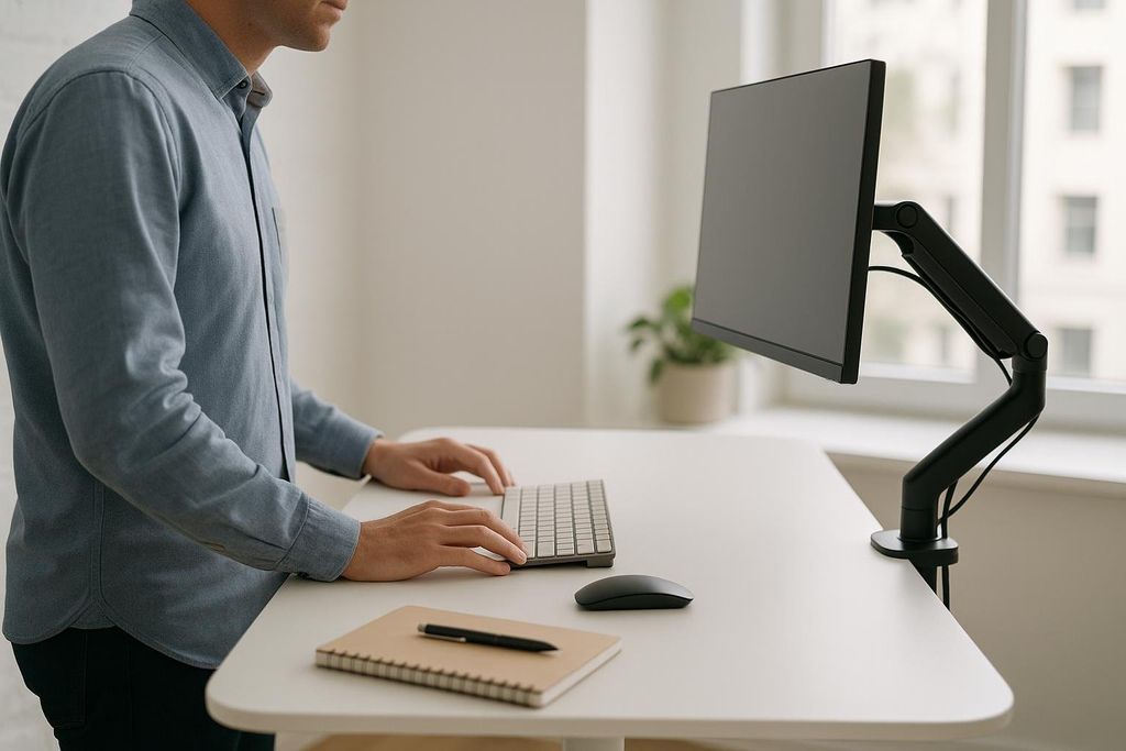 Close up of a man in a blue shirt working at a standing desk with a computer, keyboard, mouse, notebook, and pen.