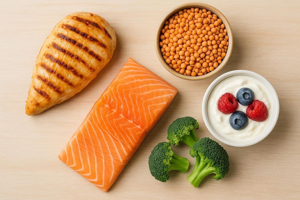 Overhead shot of a grilled chicken breast, a raw salmon fillet, a bowl of lentils, and a bowl of Greek yogurt with berries on a light wooden surface.