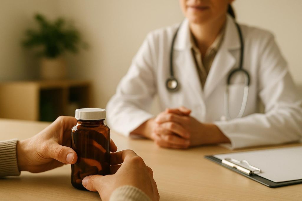 A patient's hands hold a brown supplement bottle, presenting it to a doctor. The doctor, wearing a white lab coat and stethoscope, sits across the desk, blurred in the background.