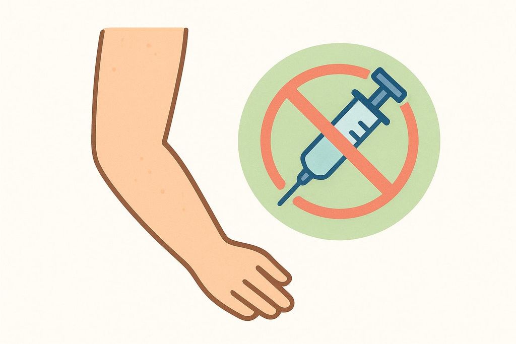 A stylized illustration showing a human forearm and hand to the left of a 'No Needles' or 'No Injections' sign, which depicts a syringe within a red circle with a diagonal line through it. The background is a soft beige.