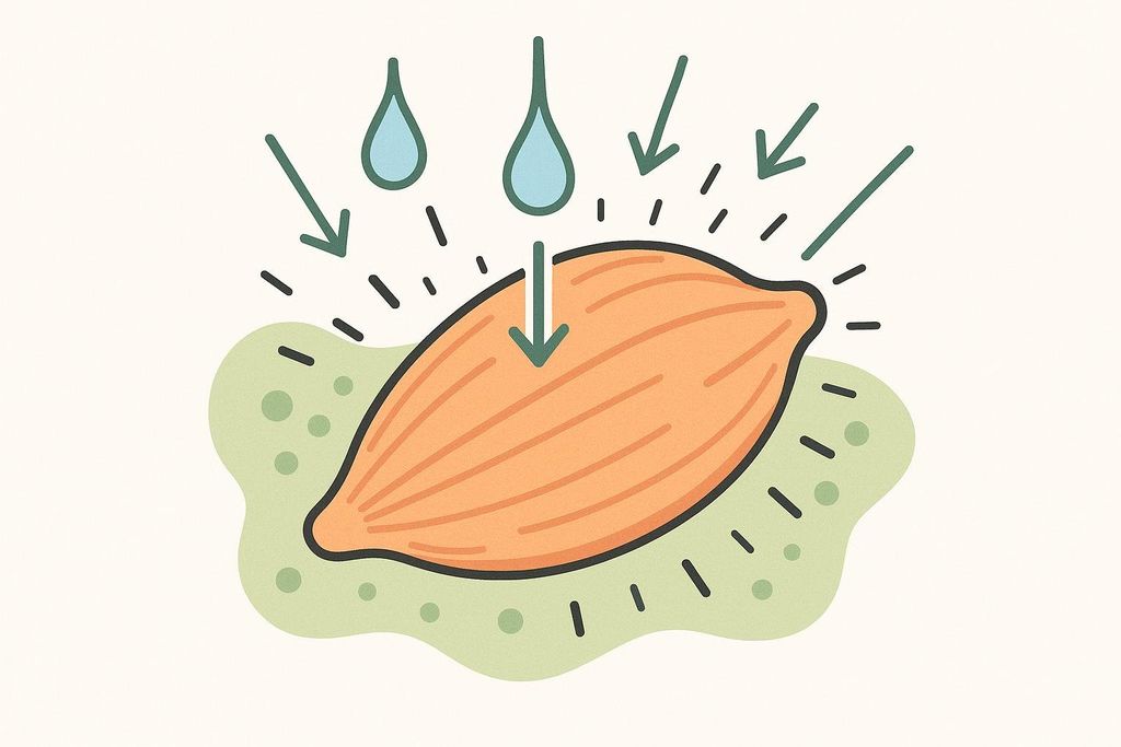 An illustration depicting a muscle cell, shaped like an orange bean, surrounded by a light green, fluid-like substance. Water droplets and arrows are shown pointing towards the muscle cell, illustrating the absorption of fluid and swelling, representing the muscle pump.