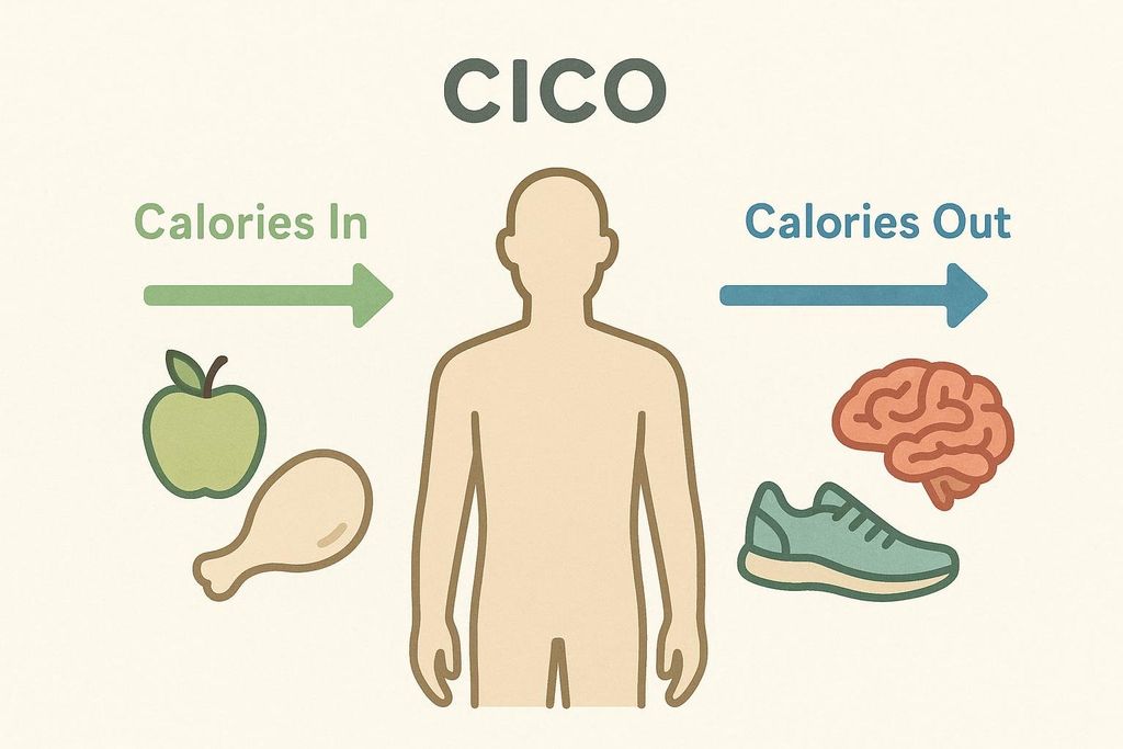 A simplified diagram explaining CICO (Calories In, Calories Out). On the left, an apple and a chicken drumstick, with a green arrow pointing towards a human silhouette, represent 'Calories In' from food. On the right, a brain and a running shoe, with a blue arrow pointing away from the human silhouette, represent 'Calories Out' from metabolism and activity.