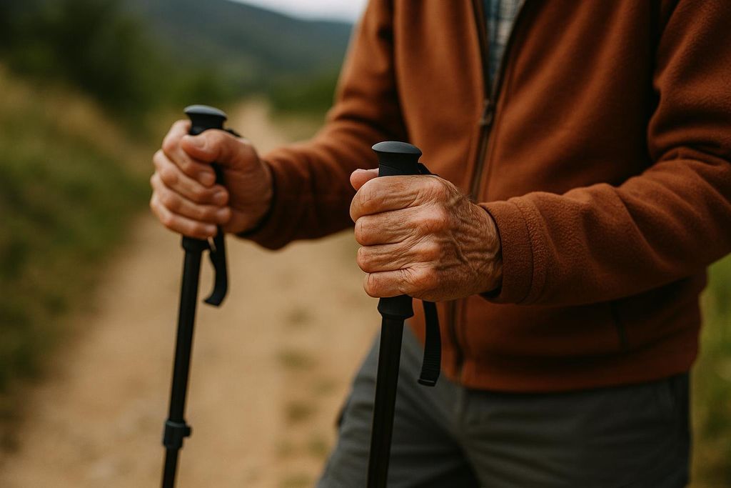 Close-up of an older adult's hands gripping trekking poles, illustrating pole walking for active retirees.