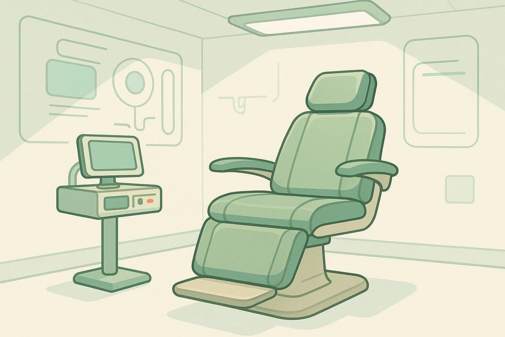 An illustration of a clean, modern clinical room with light green walls. A comfortable sage green, recliner-style examination chair sits next to a small table with a computer monitor. Abstract diagrams are on the walls, and a rectangular light fixture is on the ceiling, representing a professional setting for body composition analysis.
