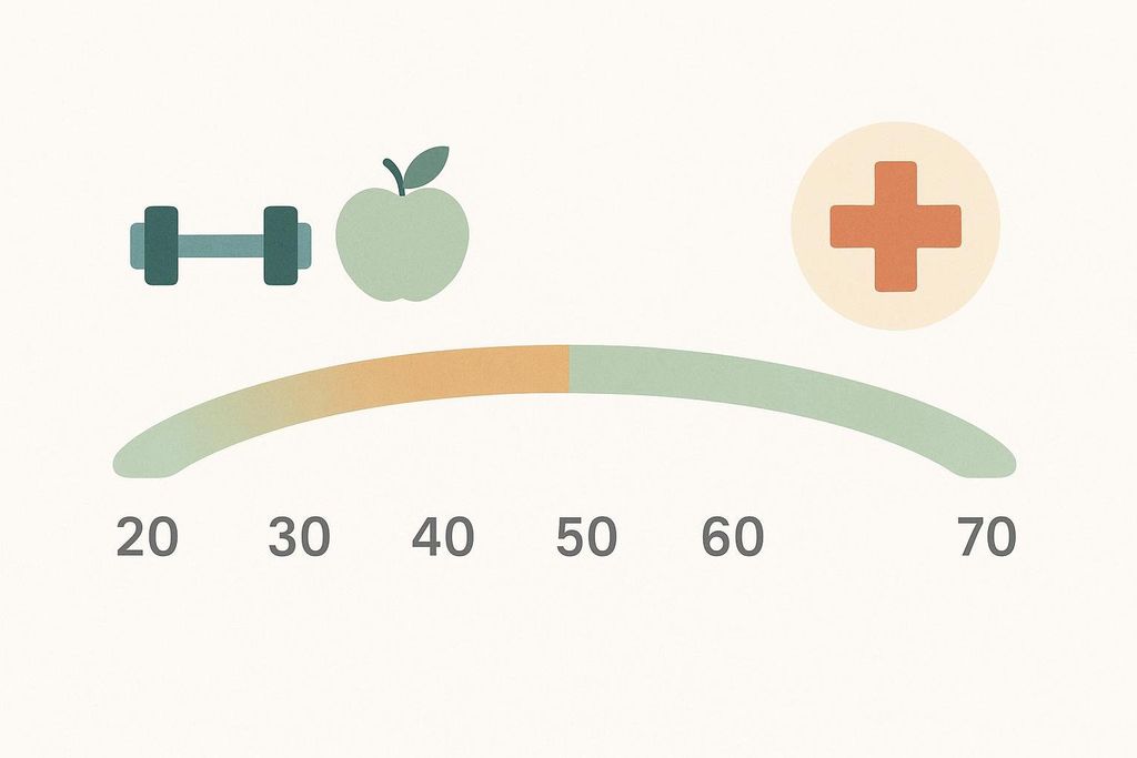 A timeline from age 20 to 70 shows a dumbbell and apple icon above ages 20-40, representing wellness activities. A plus sign in a circle (medical cross) is above ages 50-70, illustrating that early wellness can prevent later medical needs.