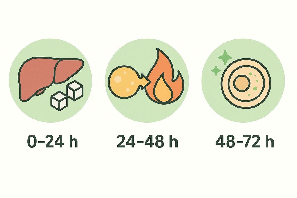 Infographic illustrating the three key phases of a 72-hour fast. From left to right: '0-24 h' shows a liver and two sugar cubes, representing glycogen depletion. '24-48 h' shows a fat cell with an arrow pointing to a flame, representing ketosis. '48-72 h' shows a clean, sparkling cell, representing peak autophagy and cellular repair.