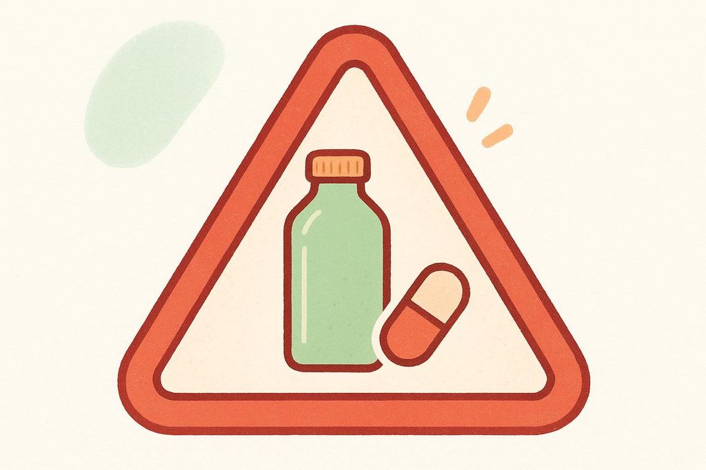 A red triangular warning sign containing a green juice bottle and an orange and beige pill, advising caution regarding detox cleanses or medication.