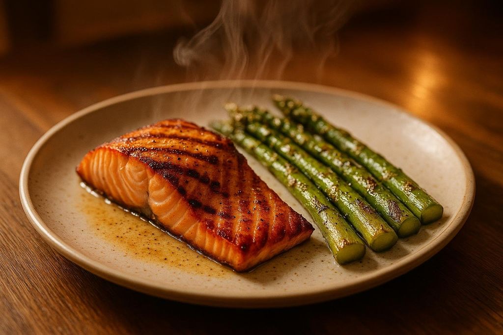A plate of steaming grilled salmon with prominent grill marks, next to several spears of vibrant green grilled asparagus, resting in a shallow pool of sauce.