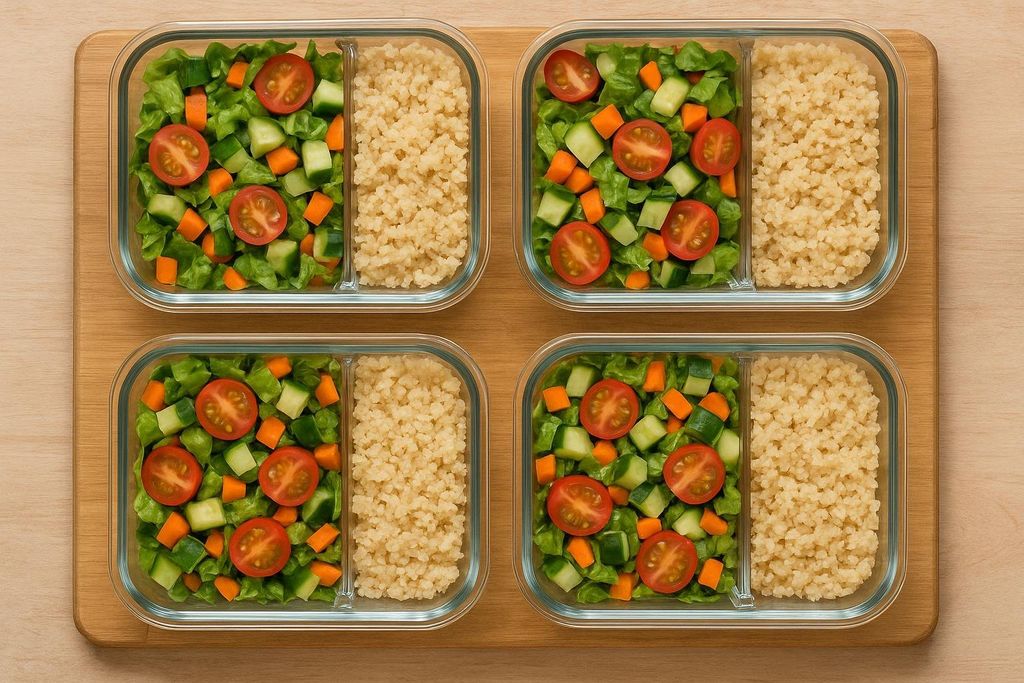Four glass meal prep containers arranged neatly on a wooden cutting board, each filled with vibrant green salad (lettuce, cucumber, carrots, cherry tomatoes) and a portion of cooked quinoa.