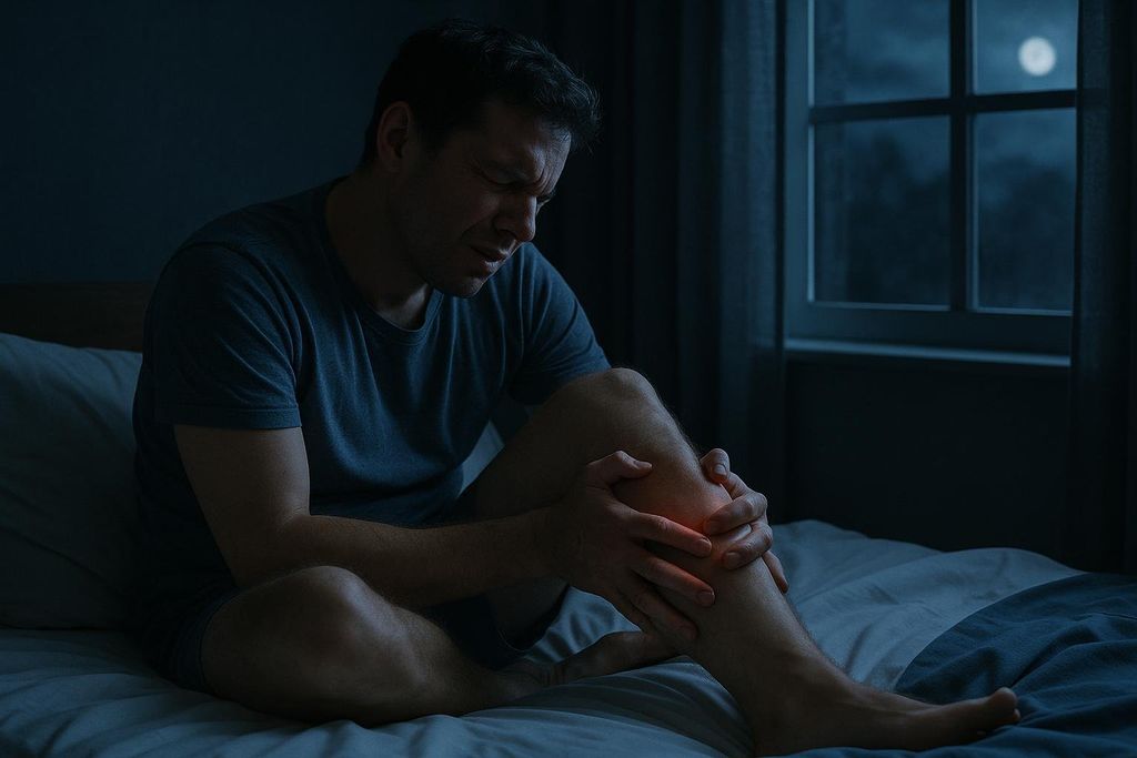 A man sits up in bed in the dark, clutching his calf with both hands, his face contorted in pain from a cramp. A window shows a full moon in the night sky.