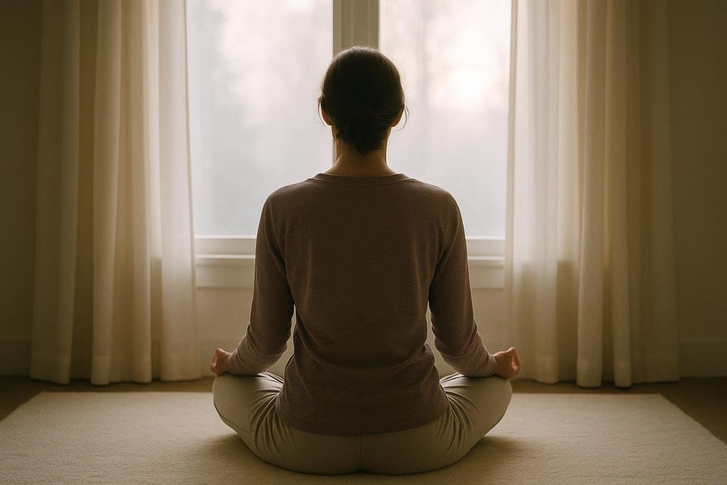 A person seen from behind, sitting in a cross-legged meditation pose by a window with light filtering through sheer curtains. Their hands rest on their knees in a mudra.