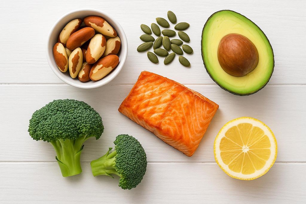 A flat lay on a white wooden surface featuring foods beneficial for thyroid health: a bowl of Brazil nuts, scattered pumpkin seeds, a salmon fillet, two florets of broccoli, a sliced avocado, and a lemon half.