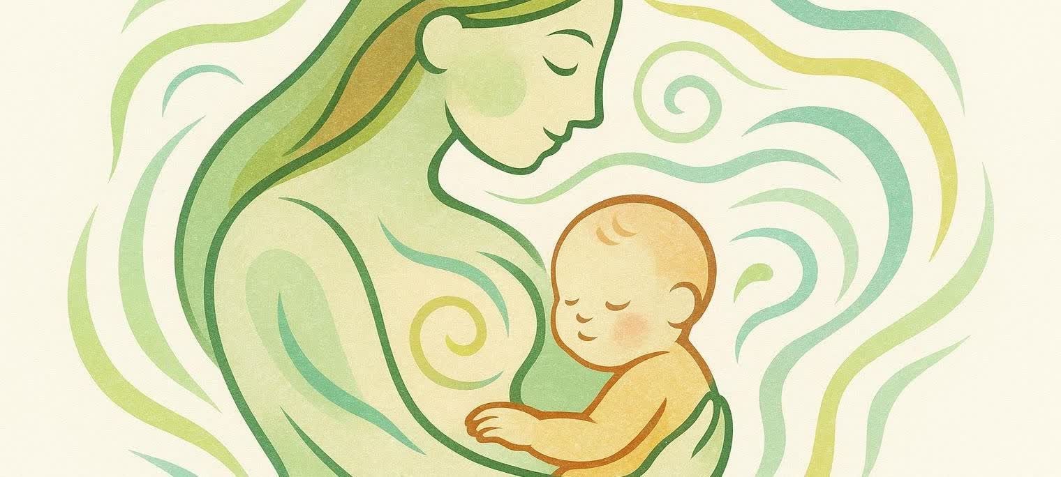 An abstract illustration showing the energy balance of mother and baby. The mother holds the baby gently, both encircled by flowing, wavy lines in shades of green and light blue that represent the maternal bond and nurturing connection.