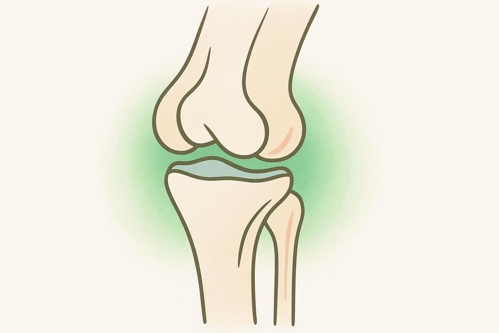 An illustration of a knee joint with a glowing green aura around the cartilage, symbolizing improved comfort and reduced pain.