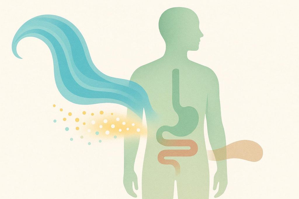 An illustration showing three abstract streams leaving a body, symbolizing the three main sources of weight loss during a cut: water, glycogen, and gut content. A blue wavy stream represents water, small yellow and blue dots represent glycogen, and a brownish, shapeless stream represents gut content, all emanating from a stylized human silhouette.