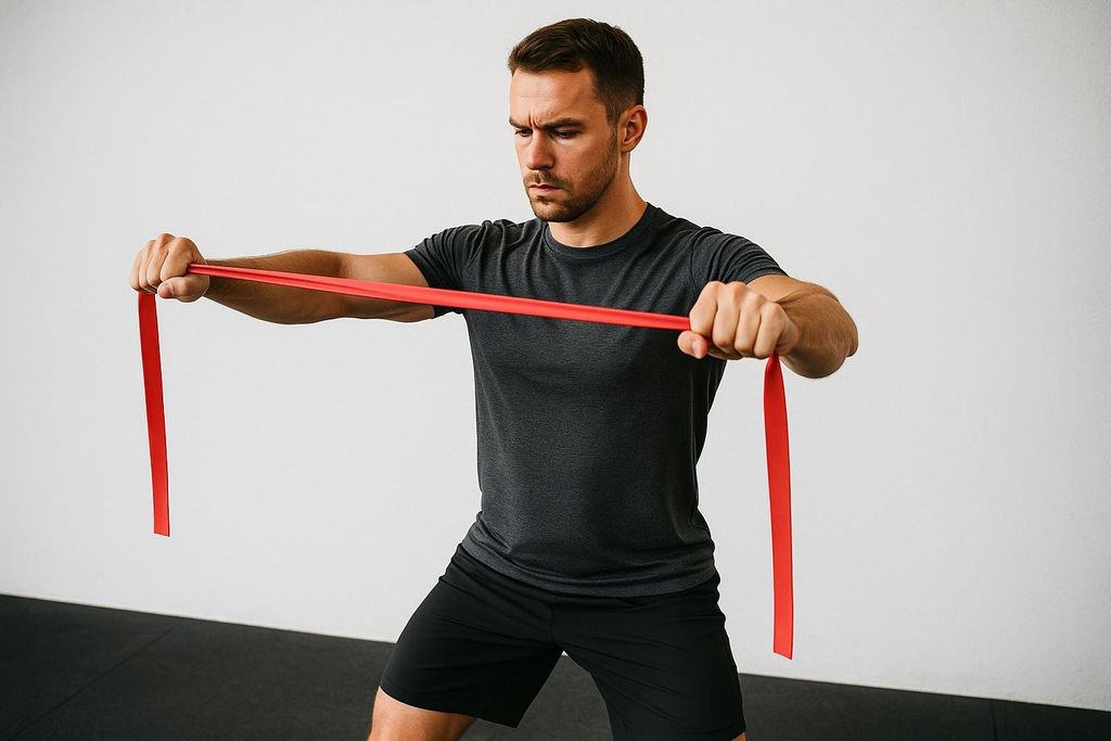 A man in a dark grey t-shirt and black shorts performs band pull-aparts with a red resistance band as a warm-up for a chest workout.
