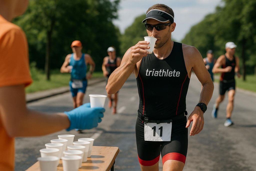 A triathlete in a black and red kit with bib number 11 drinks from a cup at an aid station during a race. A volunteer in an orange shirt and blue gloves offers more water cups on a table.