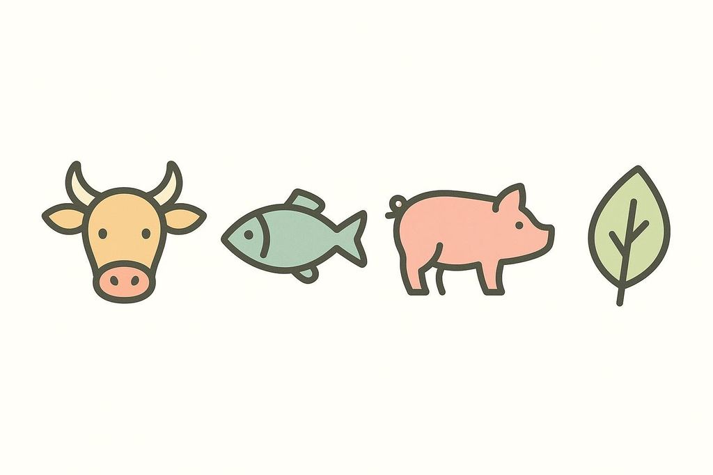 Four colorful icons arranged horizontally against a white background, representing different collagen sources: a light orange cow head for bovine, a light green fish for marine, a pink pig for porcine, and a light green leaf for plant-based boosters.
