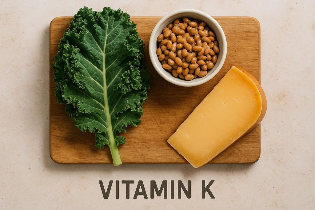 Food sources of Vitamin K, including kale (K1) and natto and aged cheese (K2), laid out on a wooden cutting board with the words 'VITAMIN K' written below.