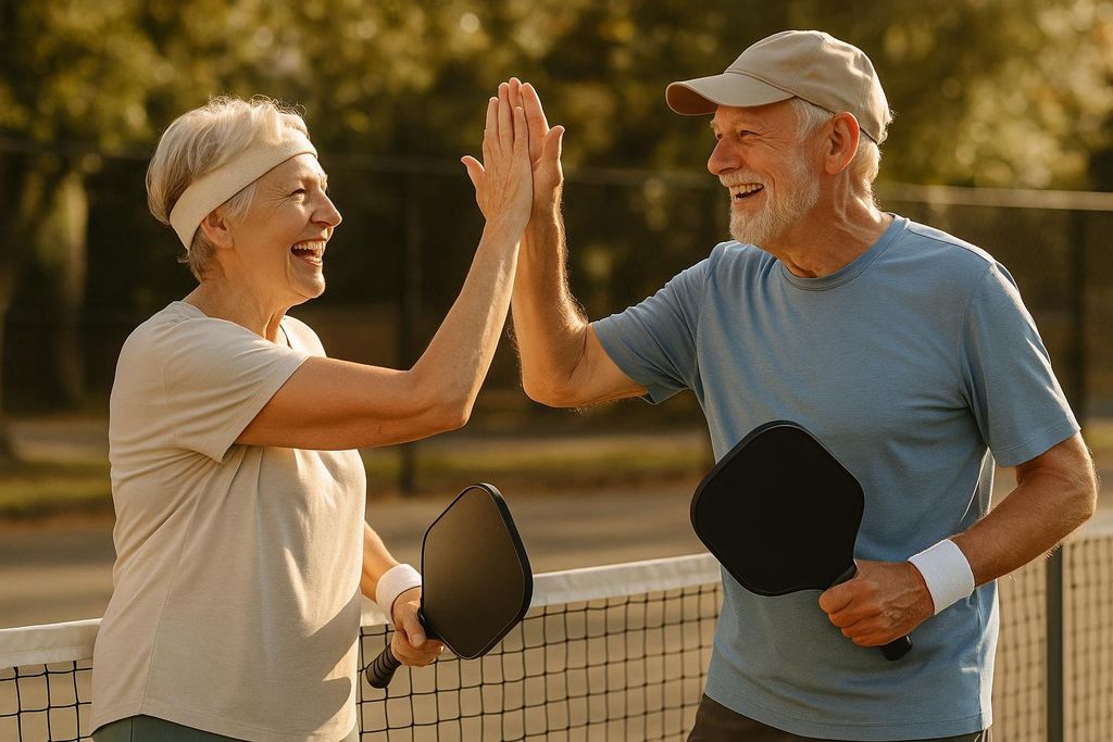 Two older adults, a woman and a man, smiling and giving each other a high-five on a pickleball court, holding their paddles. They appear happy and engaged in the social aspect of the game.