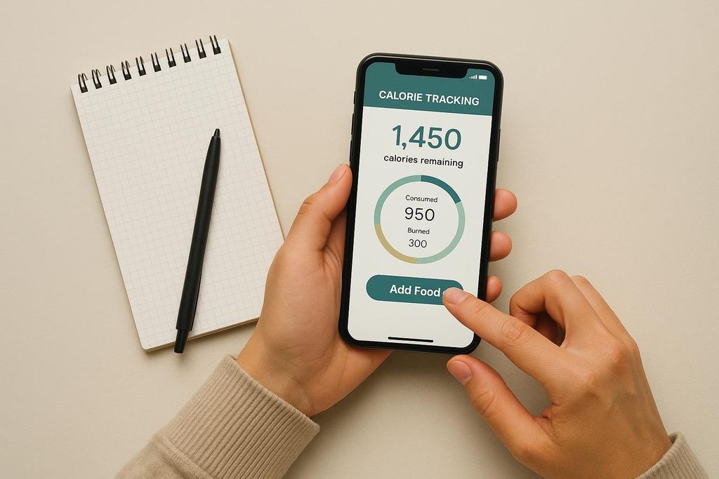A person's hands holding a smartphone displaying a calorie tracking application. The app shows '1,450 calories remaining' and a graphical breakdown of 'Consumed 950' and 'Burned 300'. A spiral-bound notebook and a black pen are visible to the left.