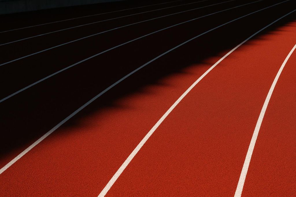 A close-up, low-angle view of a red athletic running track with crisp white lane lines. Part of the track is bathed in bright light, while shadows stretch across the upper left portion, creating a dynamic contrast.